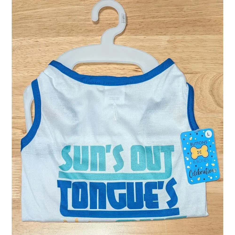 Buttons & Bones Large Dog Tank Top Sun's Out Tongue's Out Blue Trim Pet Shirt